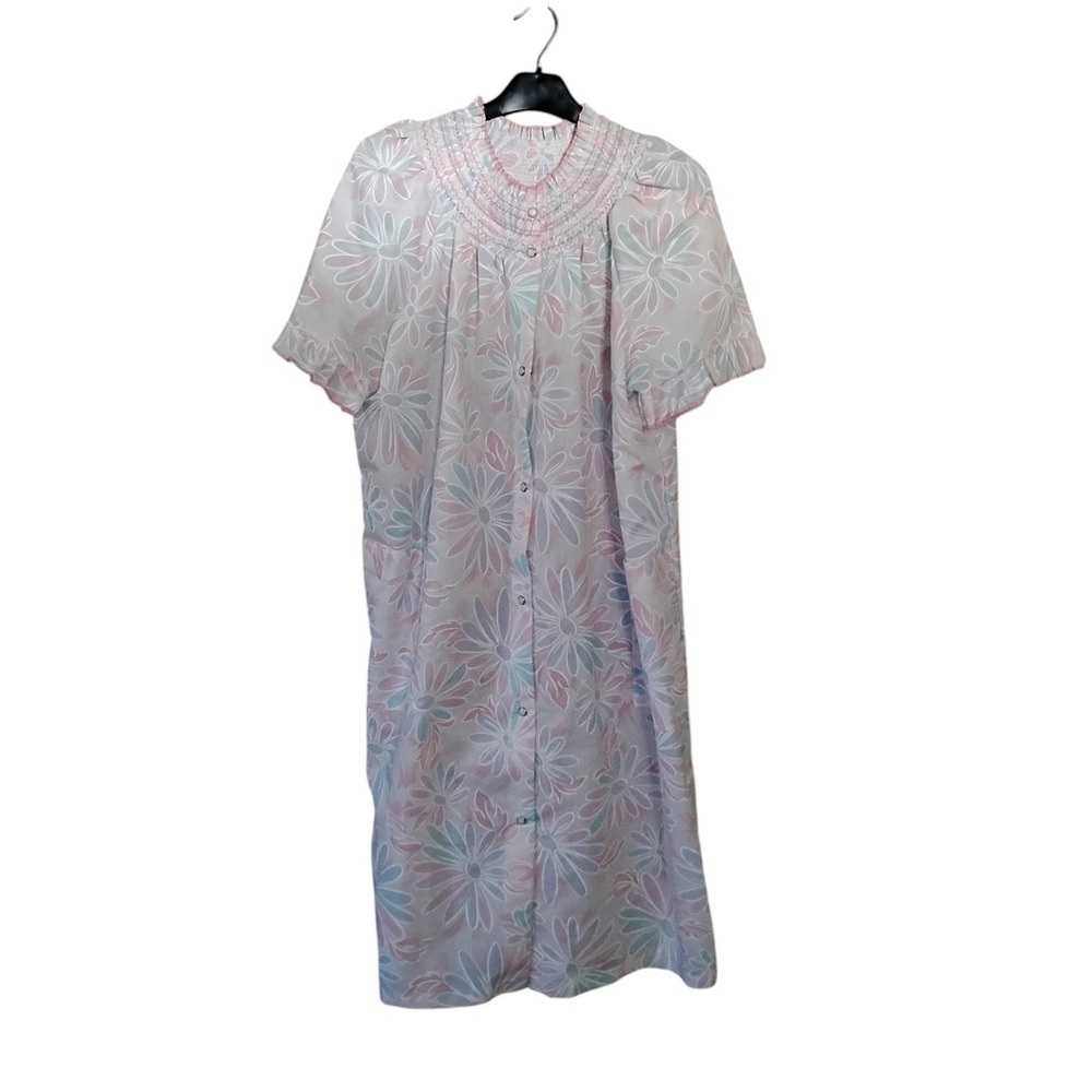 Tiger Lily Vintage Floral Duster House Dress Pastel Smocked Snap Front XL